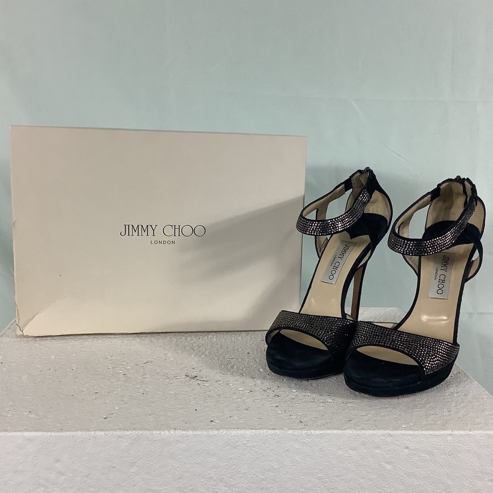 Jimmy Choo Lancer 100 Black Suede Crystal Ankle Strap Pumps Heels Size 40‎
